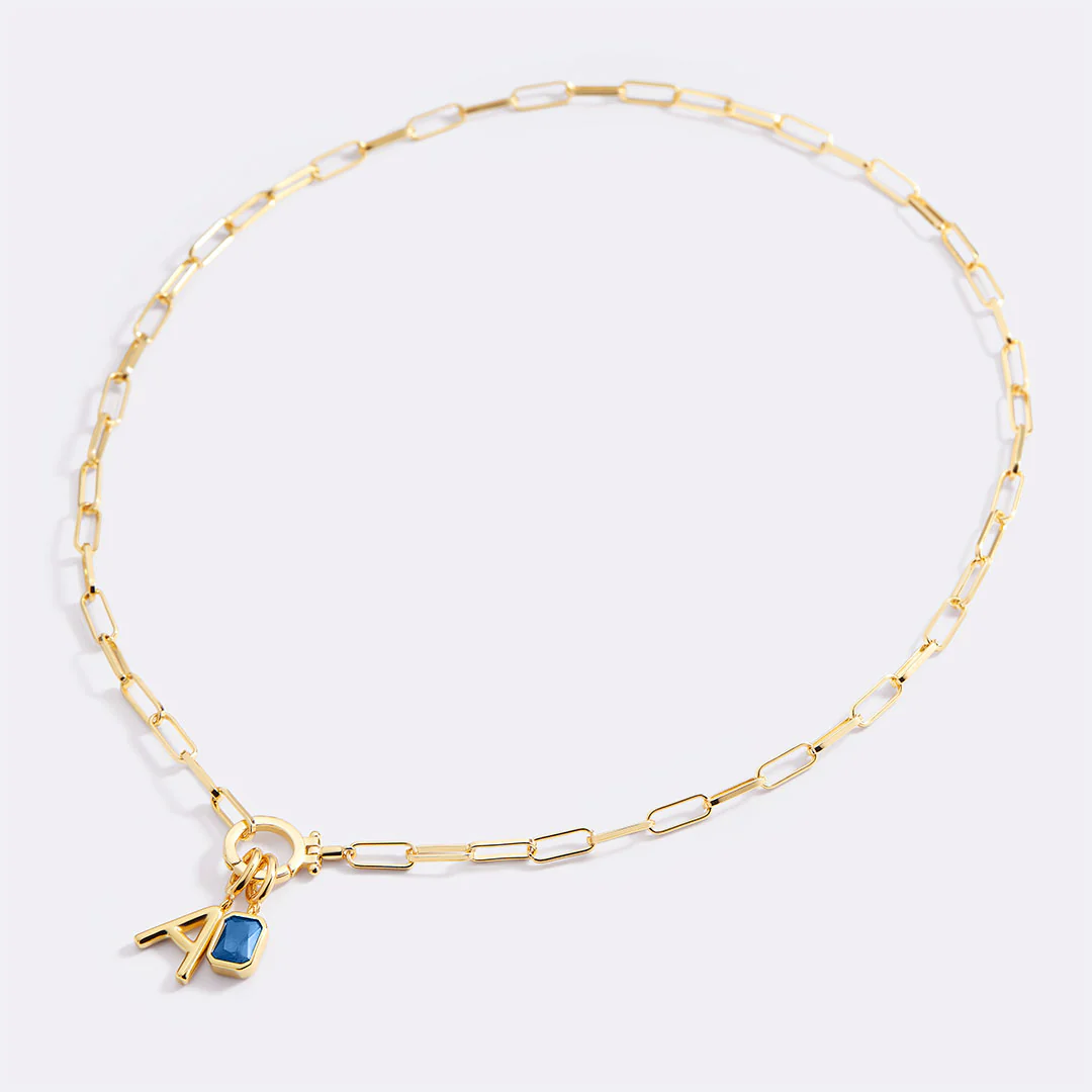 Mint Paperclip Necklace with Initial & Birthstone Charm