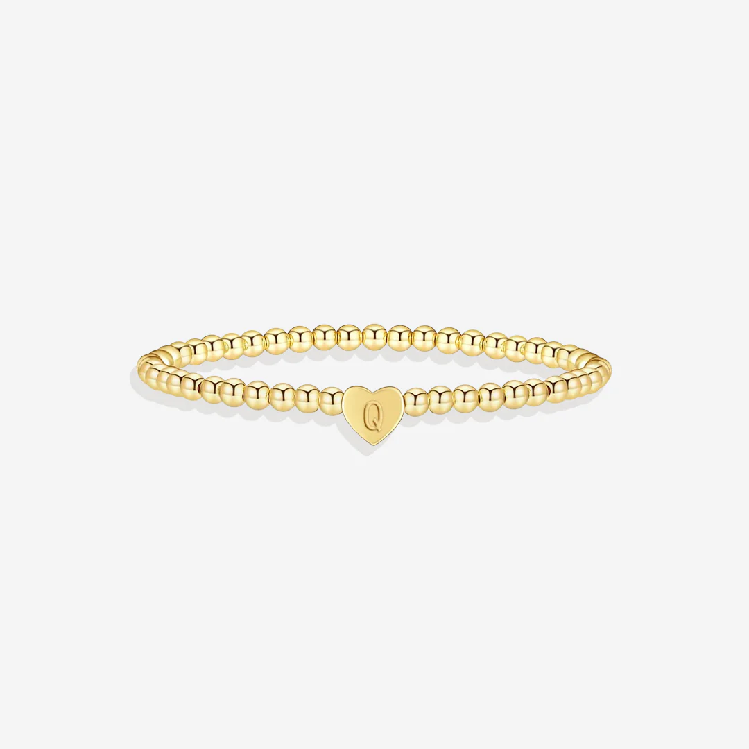Gold Beaded Bracelet with Heart Initial