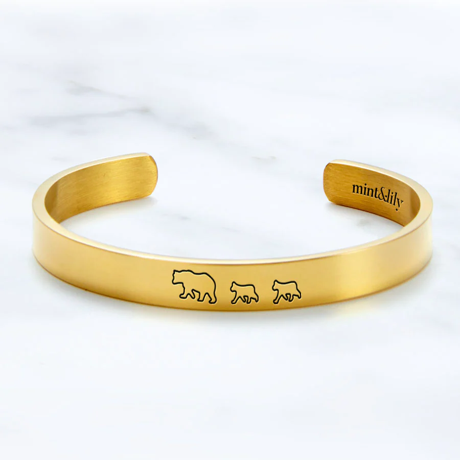 Mama Bear & Her Baby Bears Engraved Cuff Bracelet