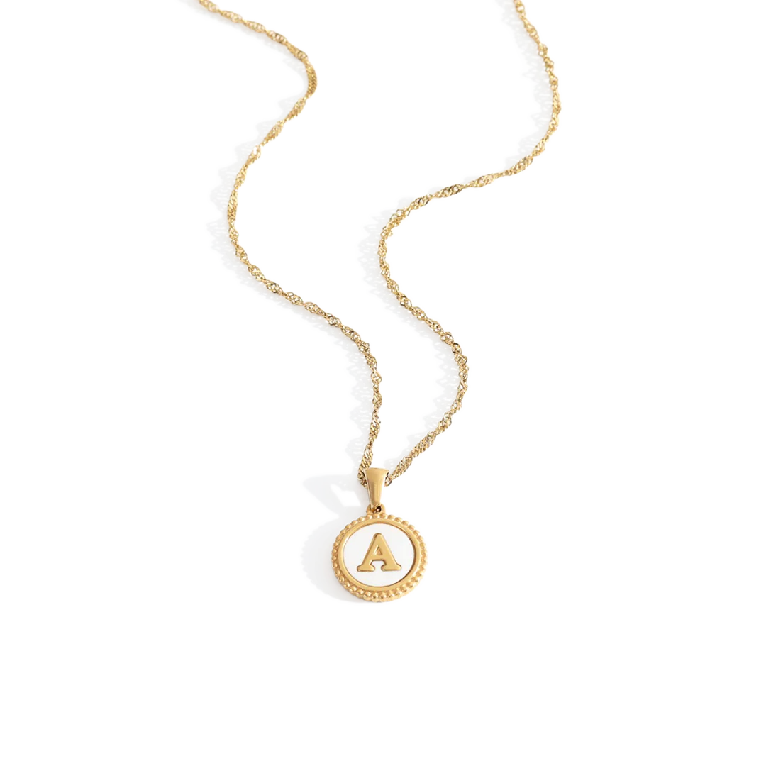 Mother of Pearl Disc Letter Necklace with Twist Chain
