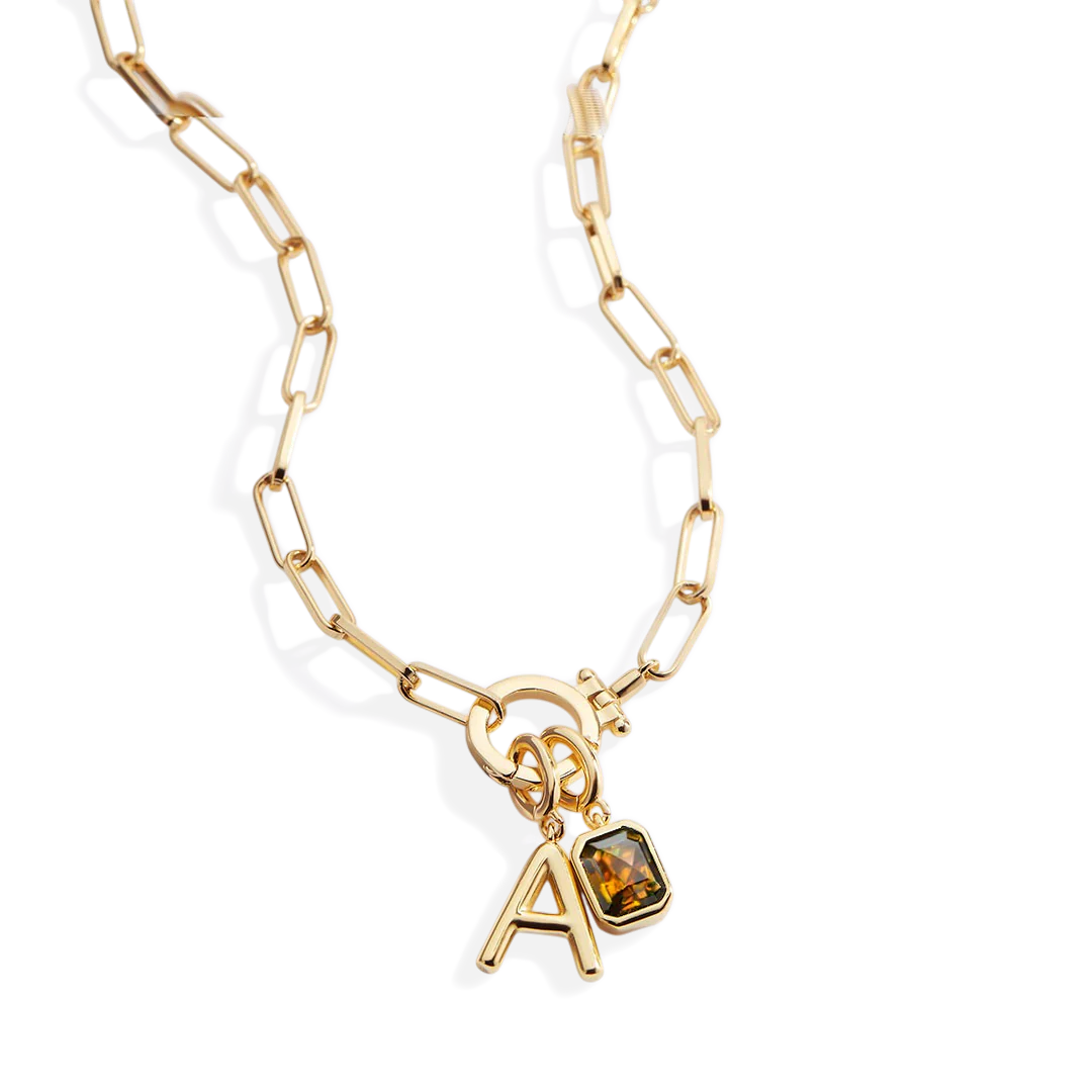 Mint Paperclip Necklace with Initial & Birthstone Charm