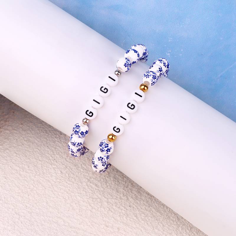 Custom Name Blue Porcelain Floral Beaded Bracelet
