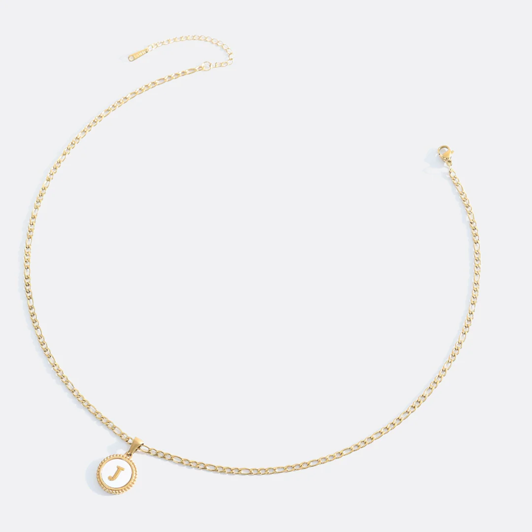 Mother of Pearl Disc Letter Necklace with Figaro Chain