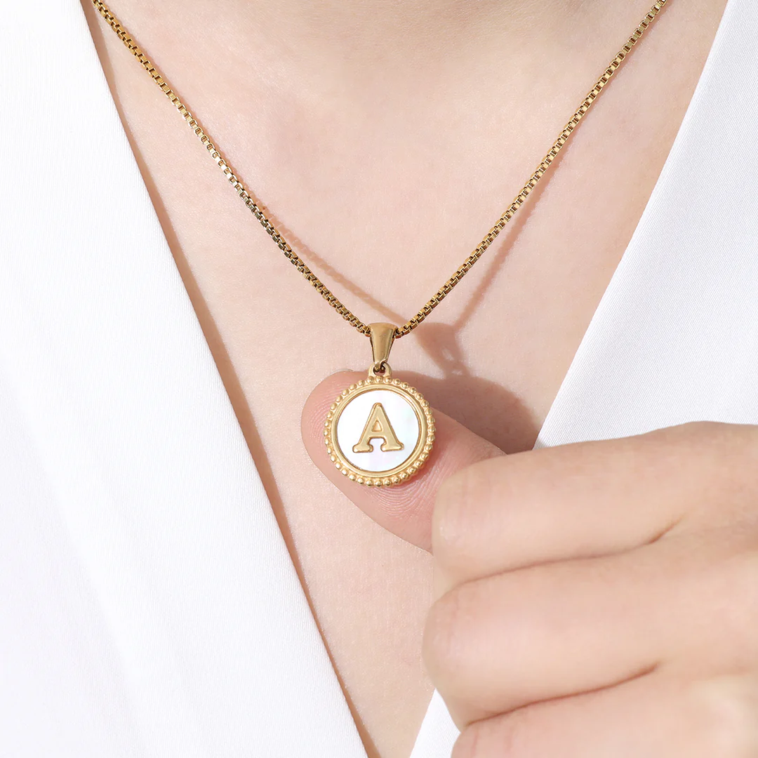 Mother of Pearl Disc Letter Necklace with Box Chain