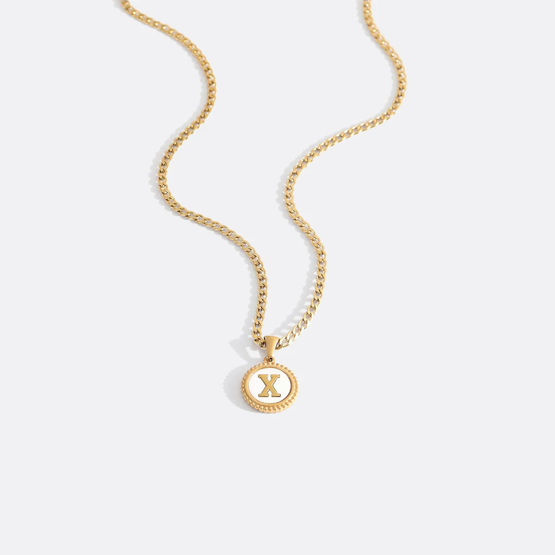 Mother of Pearl Disc Letter Necklace with Cuban Chain