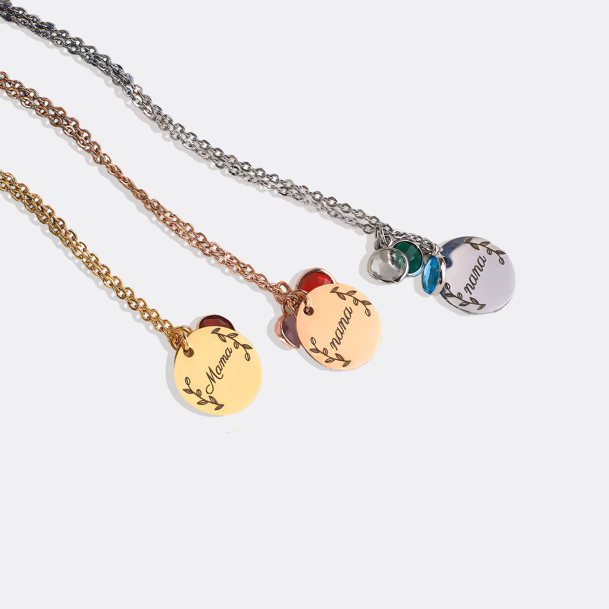 Engraved Birthstone Pendant Necklace with Leaves