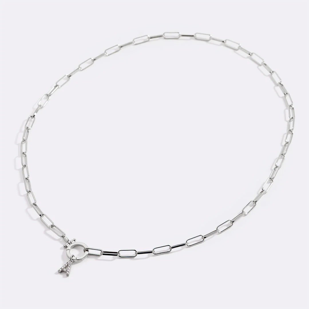 Mint Paperclip Necklace with Pave Initial Charm