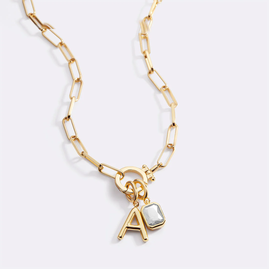 Mint Paperclip Necklace with Initial & Birthstone Charm