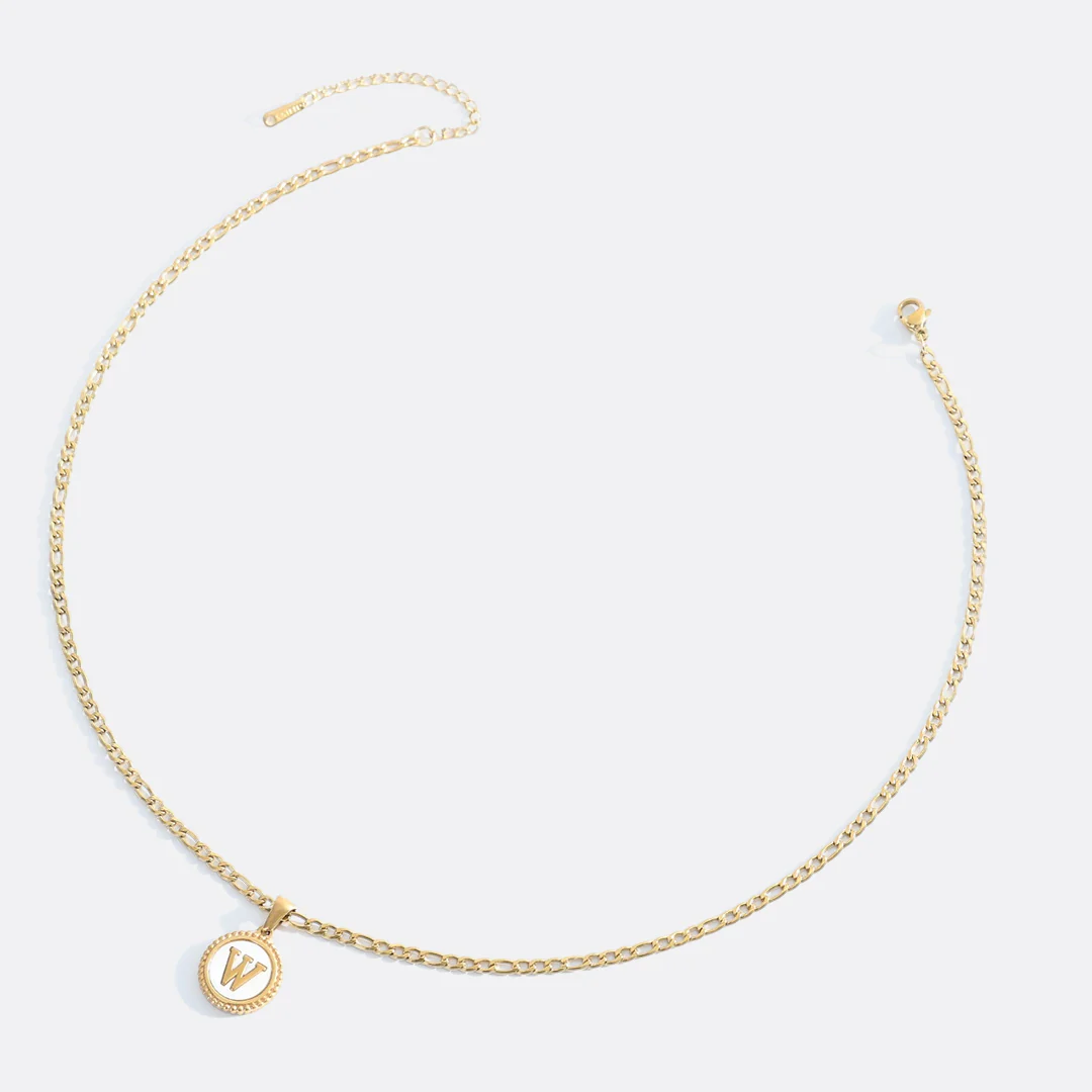 Mother of Pearl Disc Letter Necklace with Figaro Chain