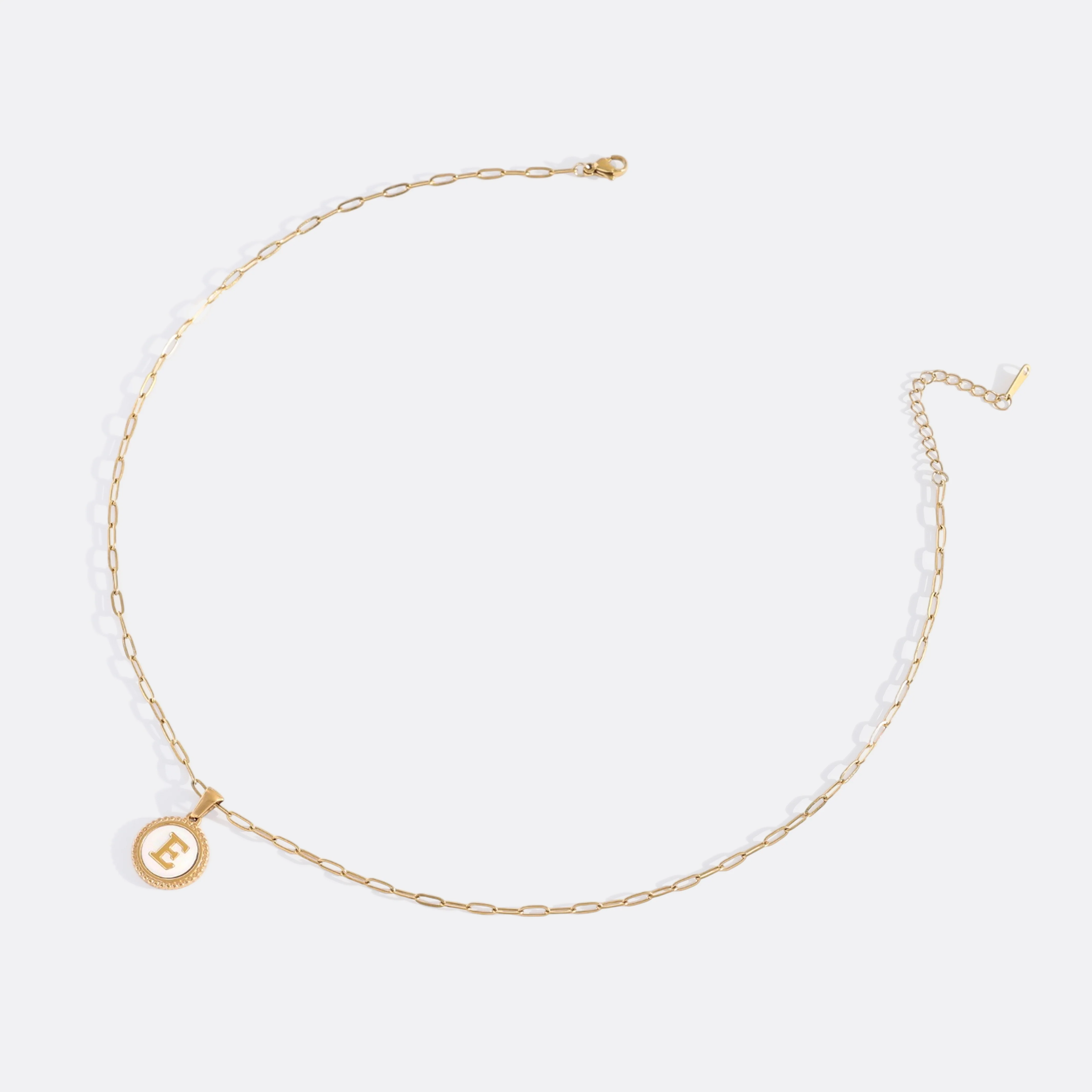 Mother of Pearl Disc Letter Necklace with Paperclip Chain
