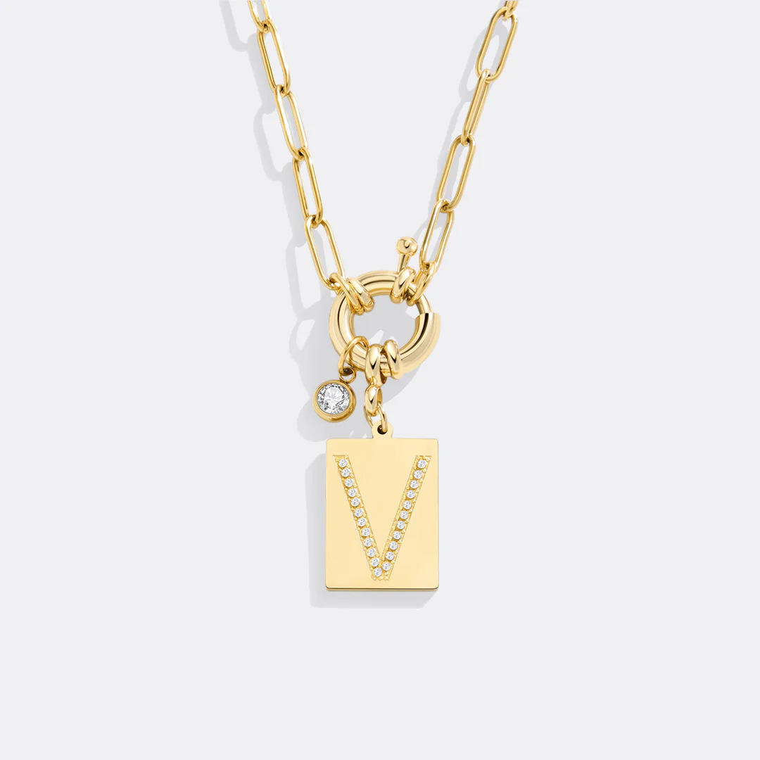 Pave Initial Pendant Necklace with Paperclip Chain