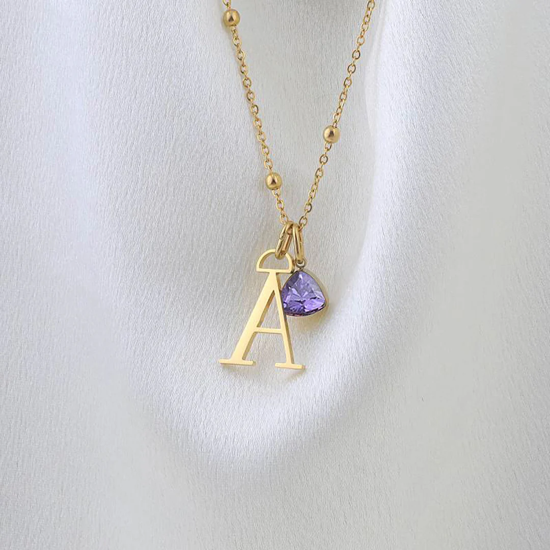 Droplet Birthstone & Initial Necklace