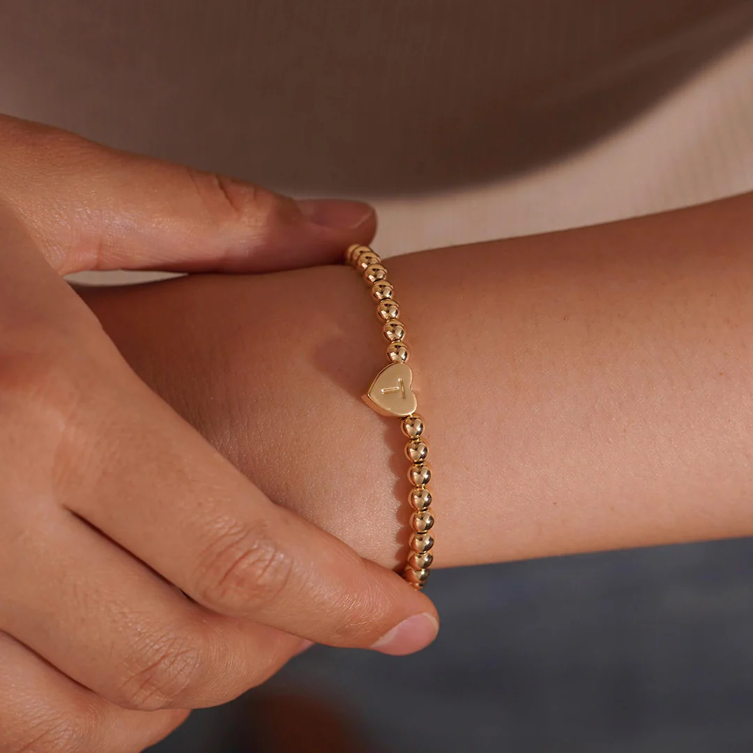 Gold Beaded Bracelet with Heart Initial