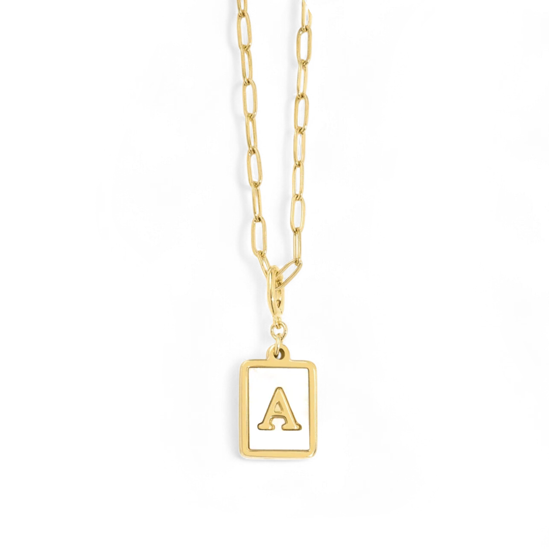 Mother of Pearl Card Initial Necklace | Paperclip Chain