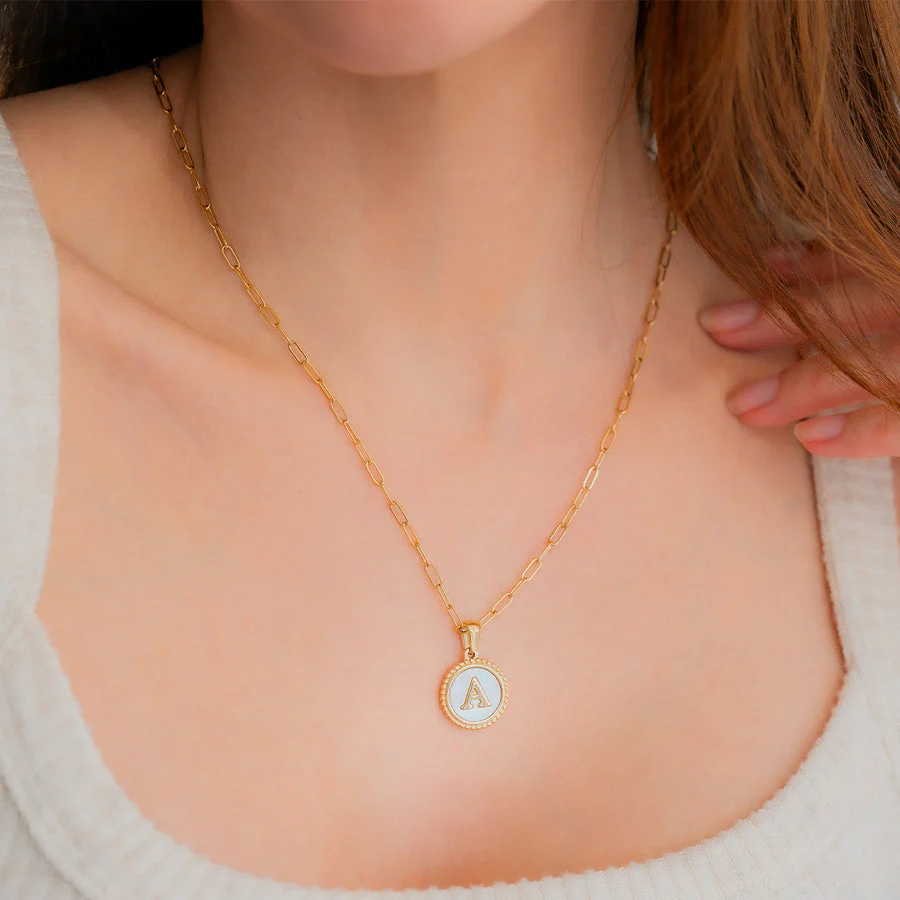 Mother of Pearl Disc Letter Necklace with Paperclip Chain