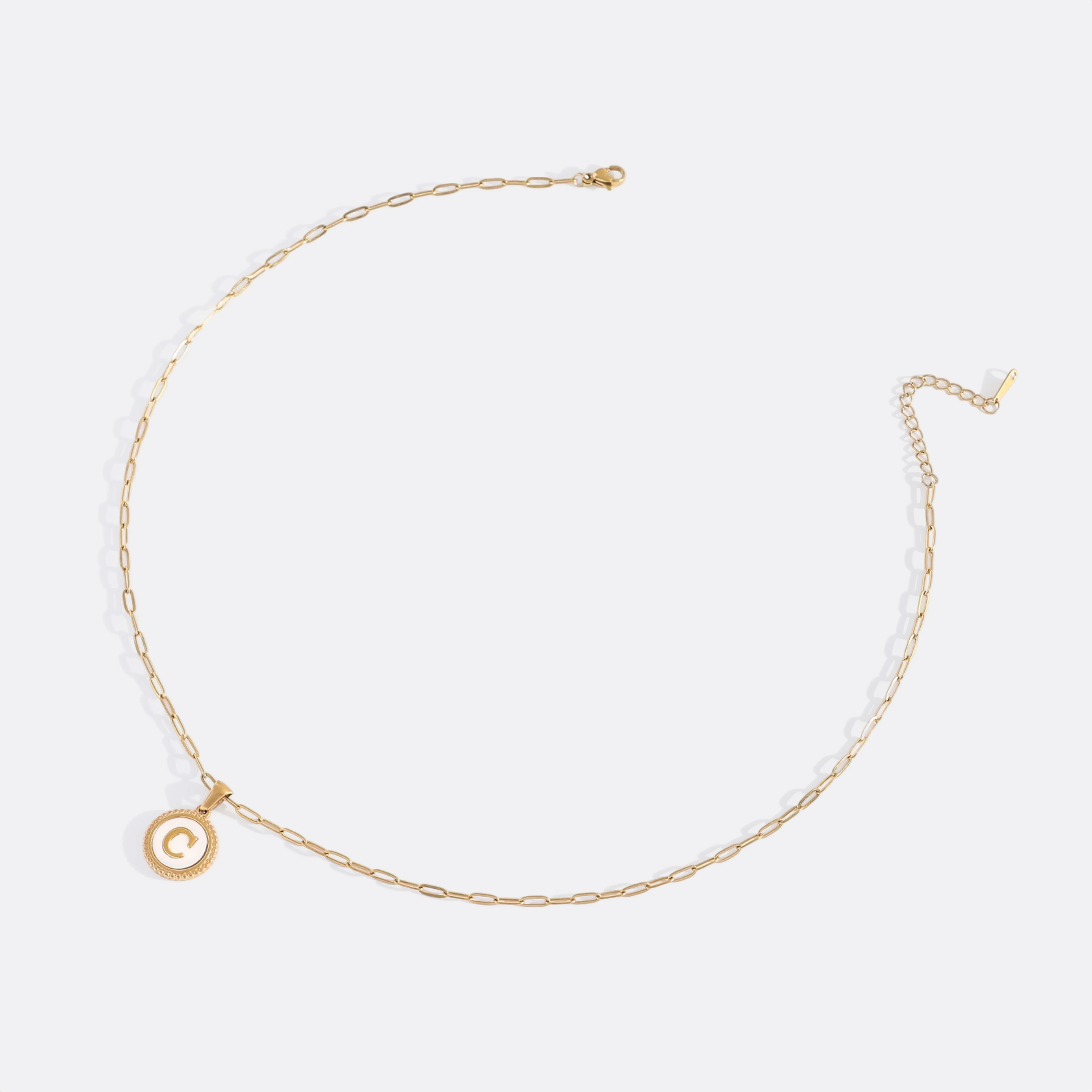 Mother of Pearl Disc Letter Necklace with Paperclip Chain