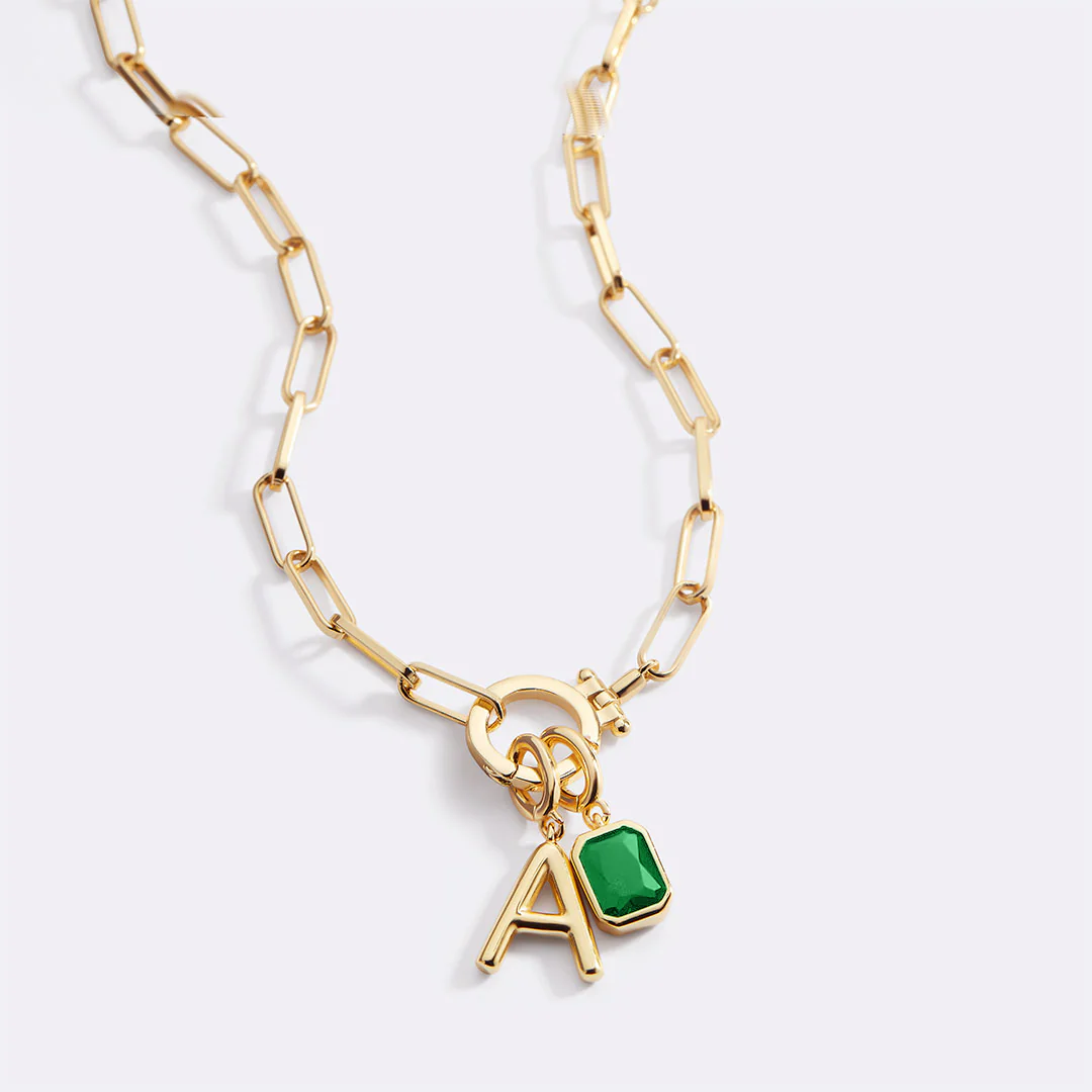 Mint Paperclip Necklace with Initial & Birthstone Charm