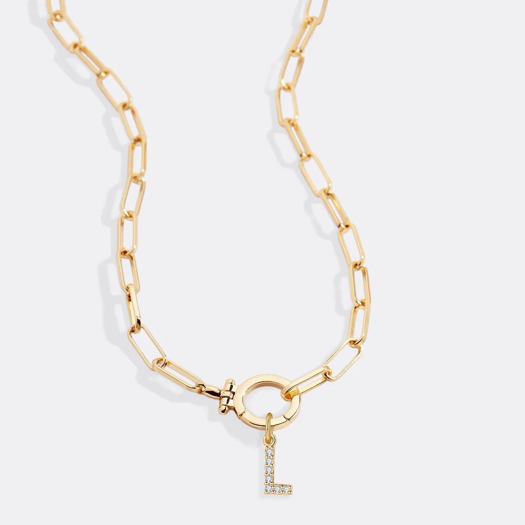 Mint Paperclip Necklace with Pave Initial Charm