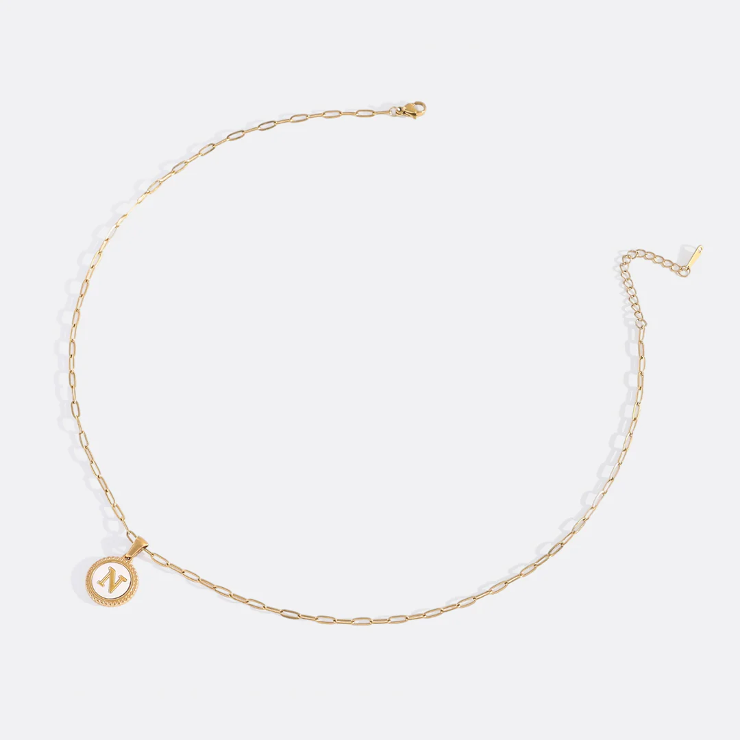 Mother of Pearl Disc Letter Necklace with Paperclip Chain