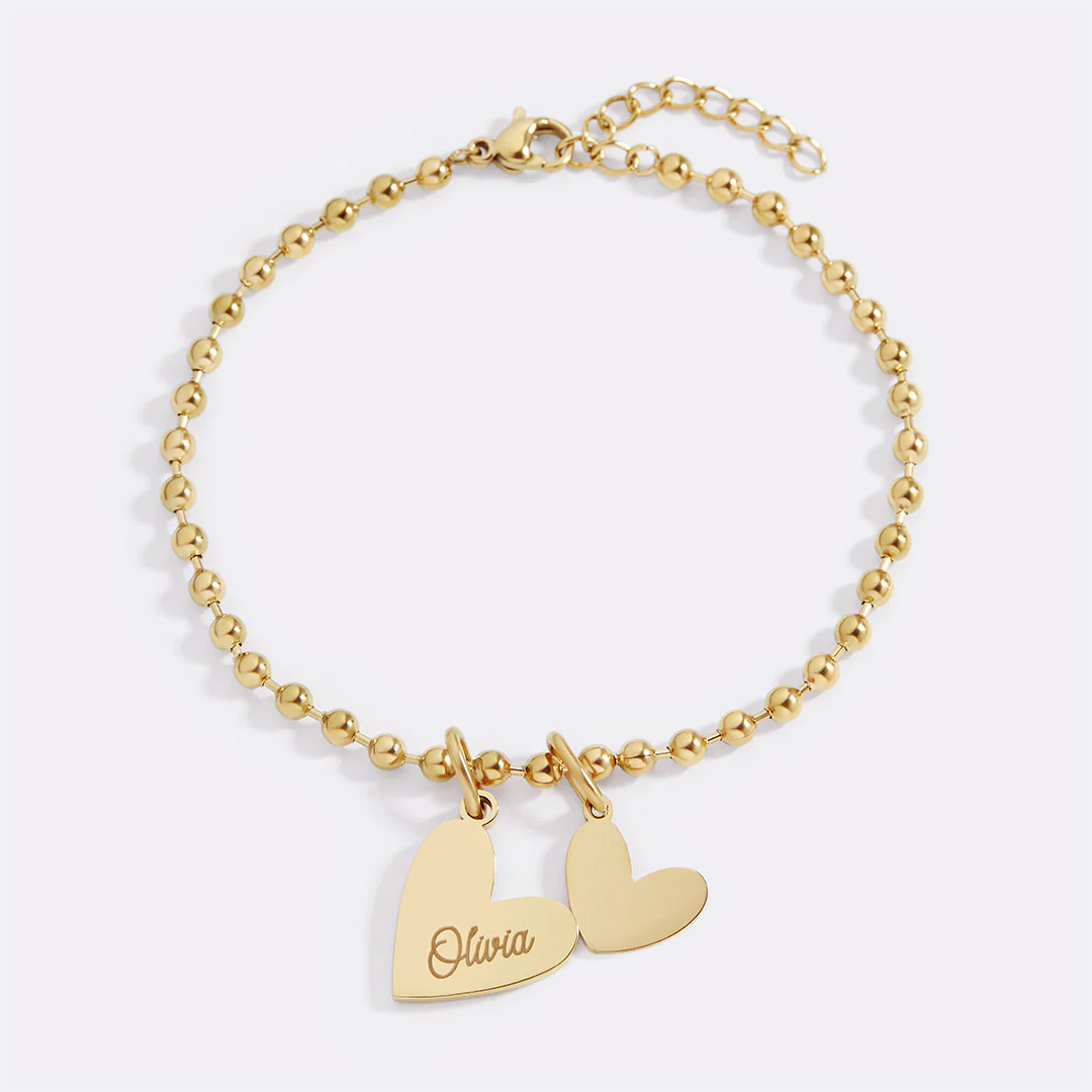 Personalized Beaded Double Heart Charm Bracelet