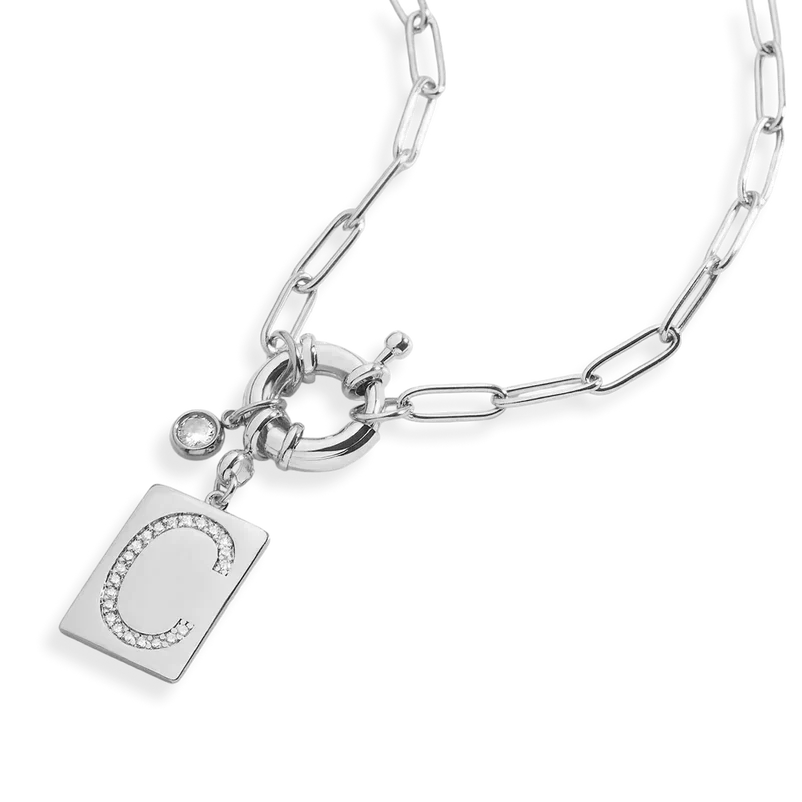 Pave Initial Pendant Necklace with Paperclip Chain