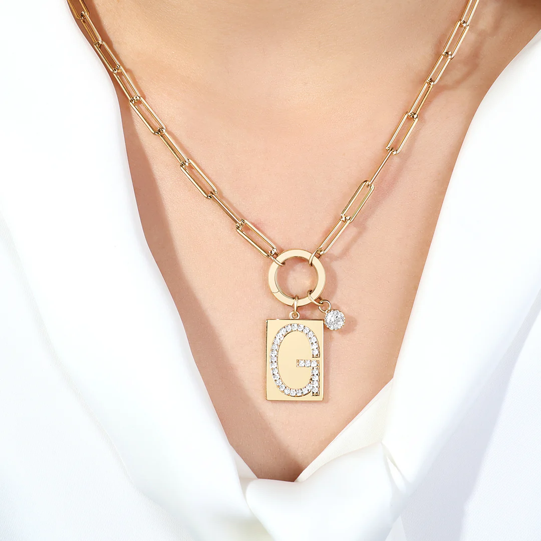 Gold Pave Initial Pendant Necklace with Paperclip Chain