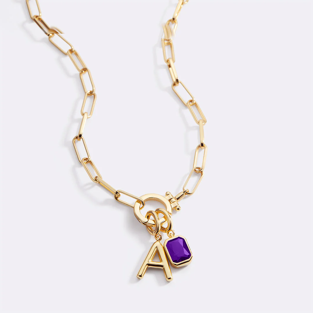 Mint Paperclip Necklace with Initial & Birthstone Charm