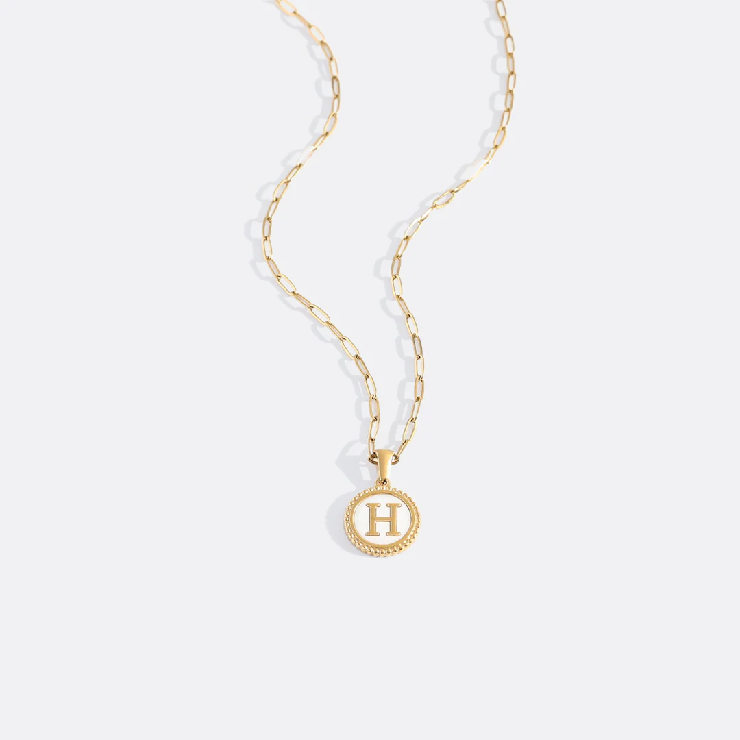 Mother of Pearl Disc Letter Necklace with Paperclip Chain