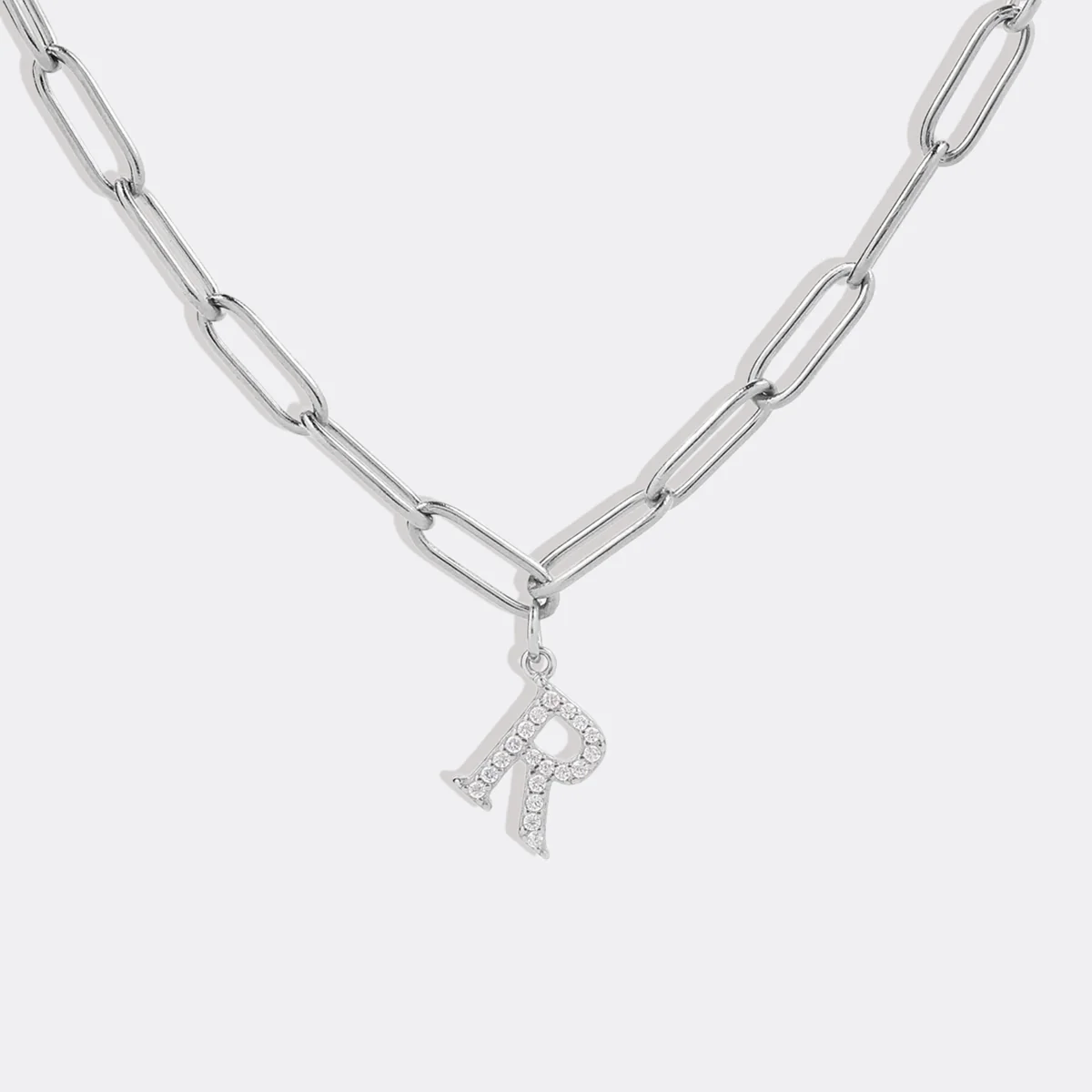 Diamond Letter Pendant Necklace with Paperclip Chain