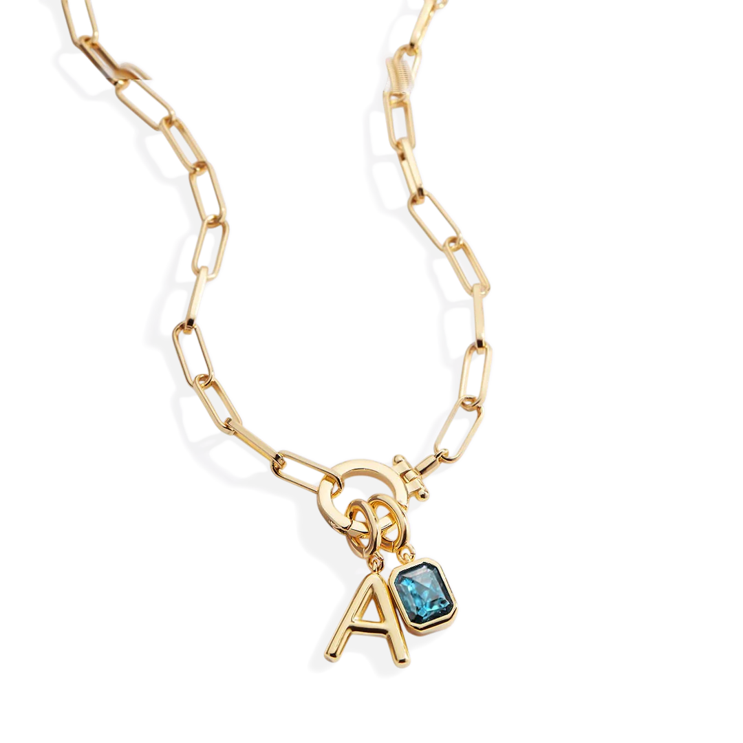 Mint Paperclip Necklace with Initial & Birthstone Charm