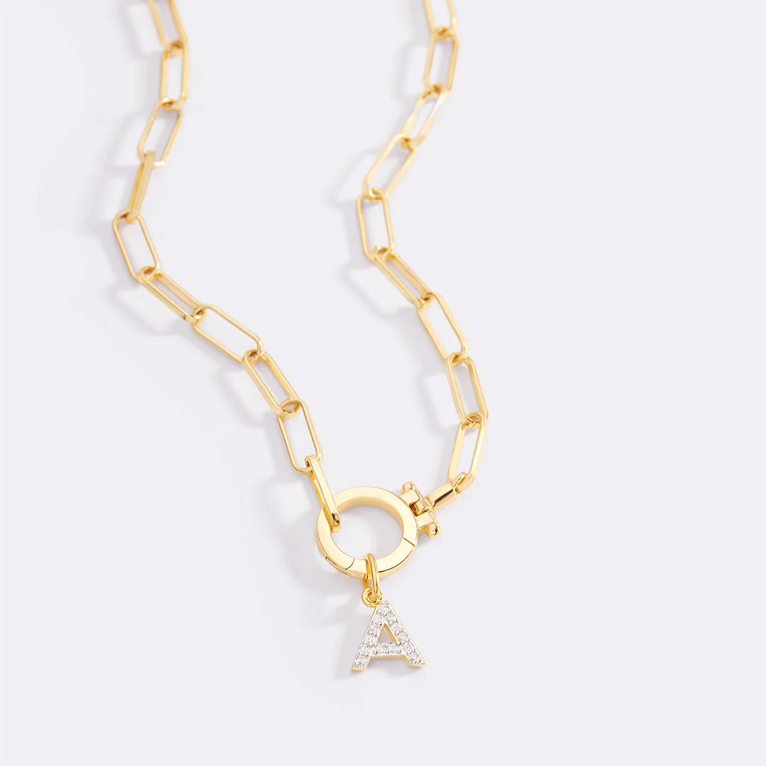 Mint Paperclip Necklace with Pave Initial Charm