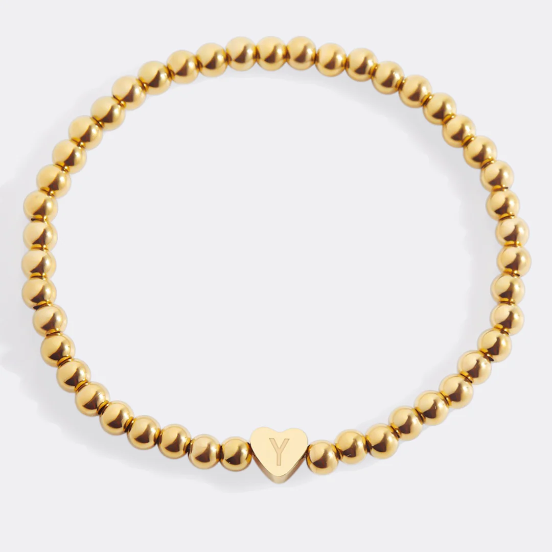 Gold Beaded Bracelet with Heart Initial