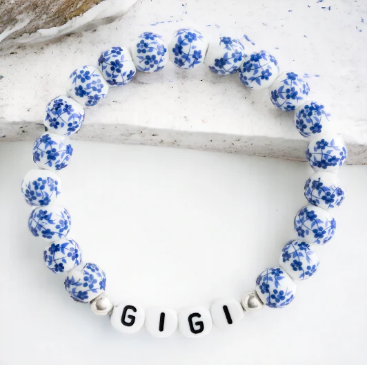 Custom Name Blue Porcelain Floral Beaded Bracelet