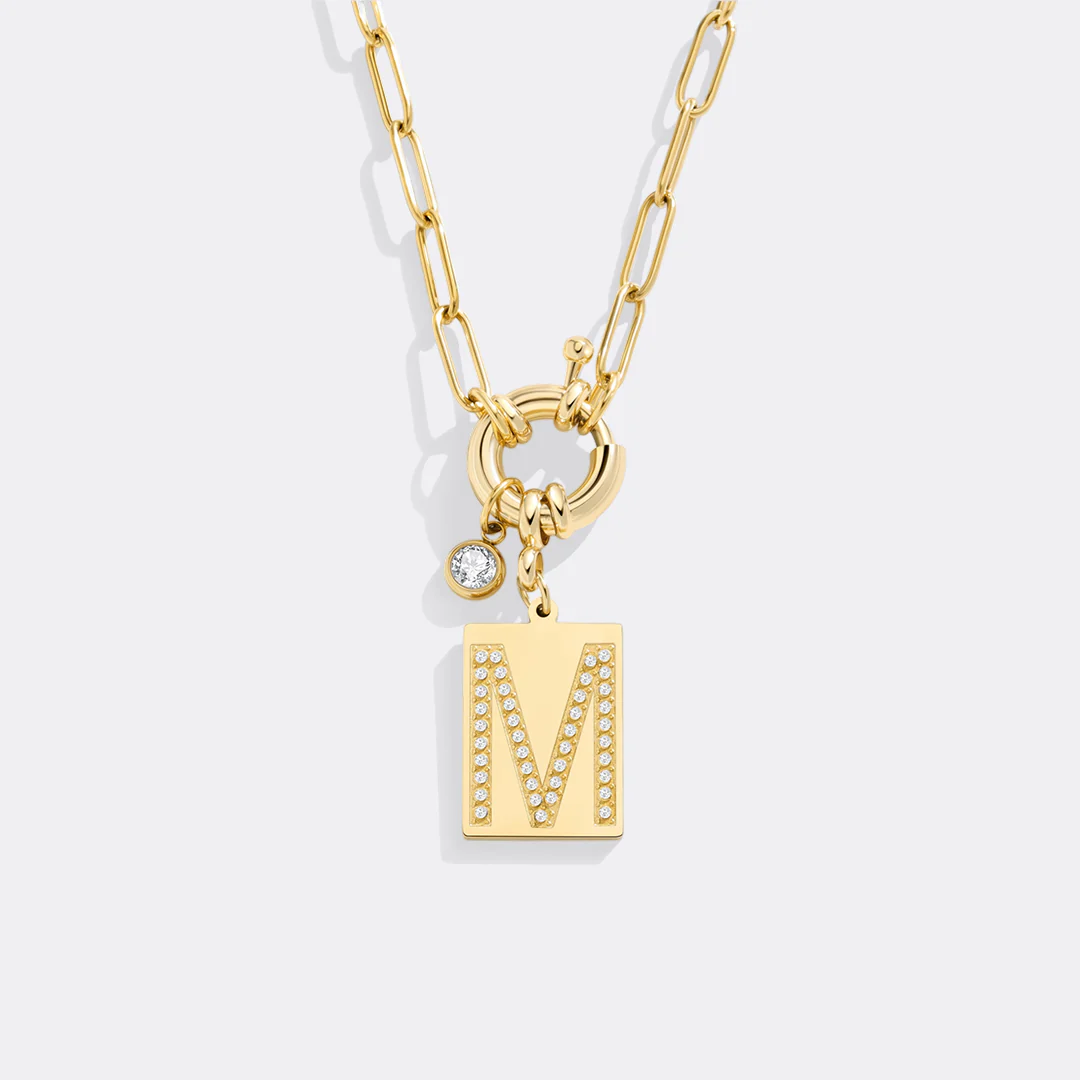 Pave Initial Pendant Necklace with Paperclip Chain