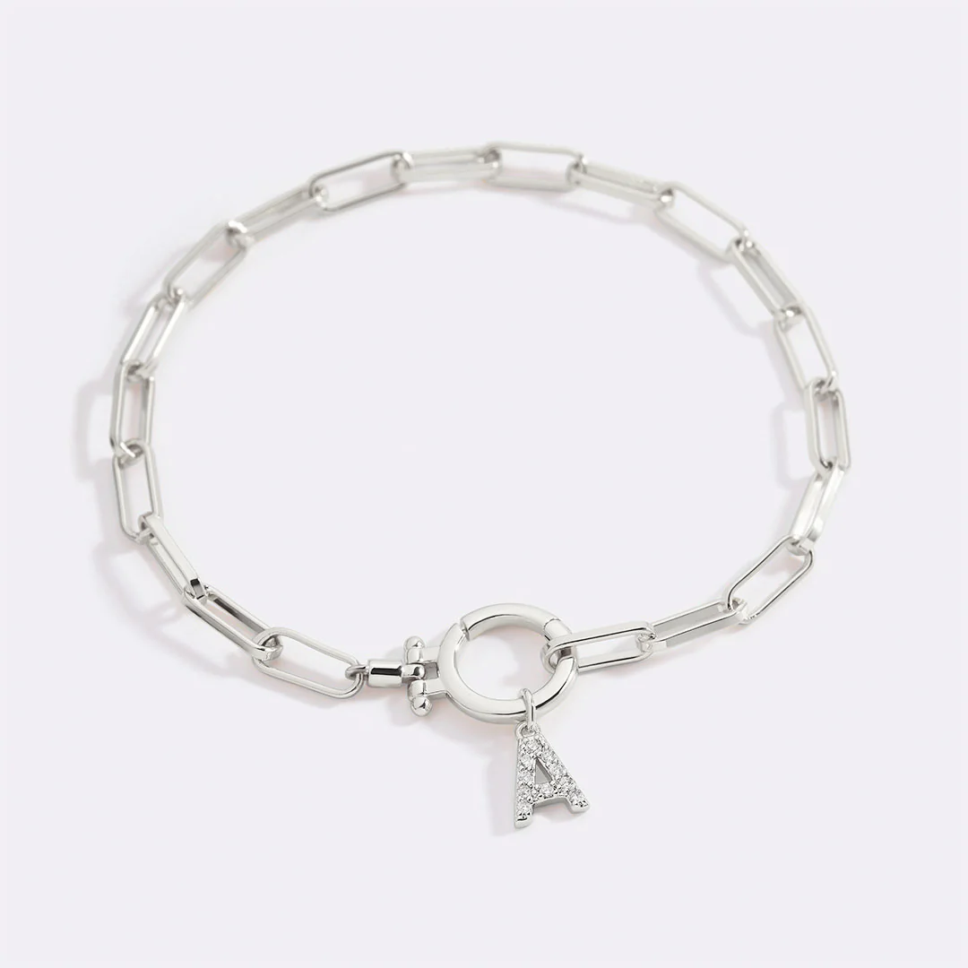 Mint Paperclip Bracelet with Pave Initial Charm