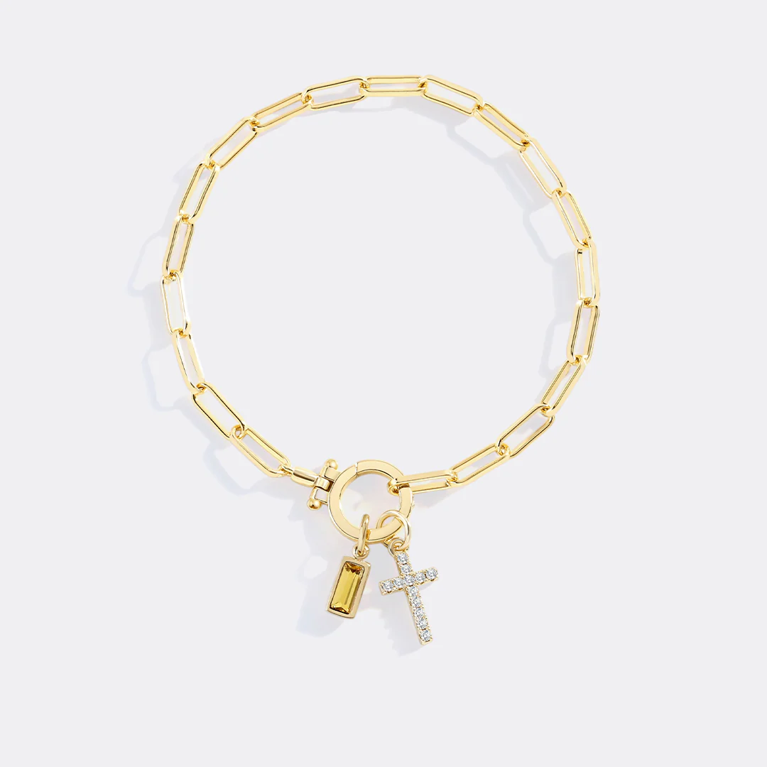 Cross Charm Birthstone Paperclip Bracelet