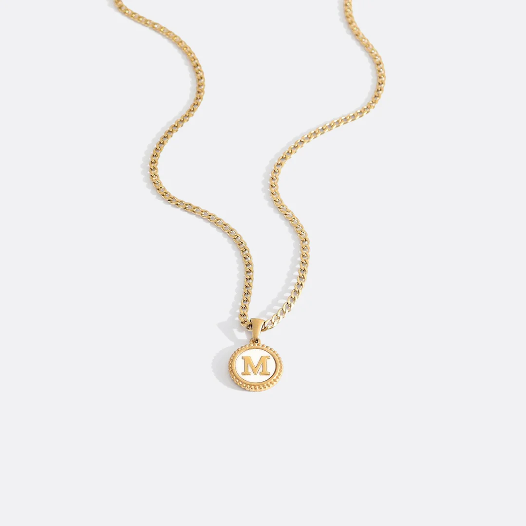 Mother of Pearl Disc Letter Necklace with Cuban Chain