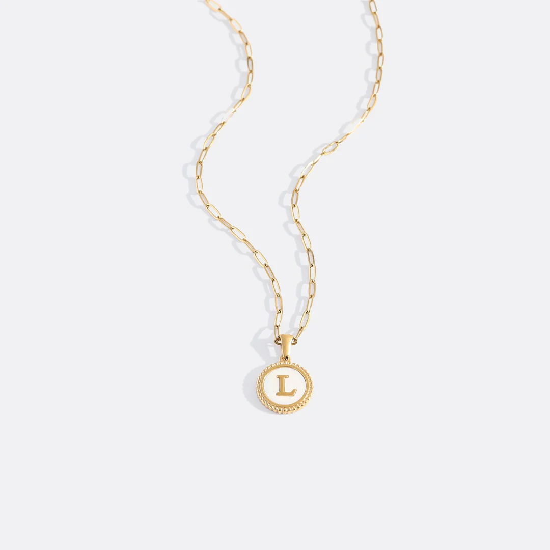 Mother of Pearl Disc Letter Necklace with Paperclip Chain