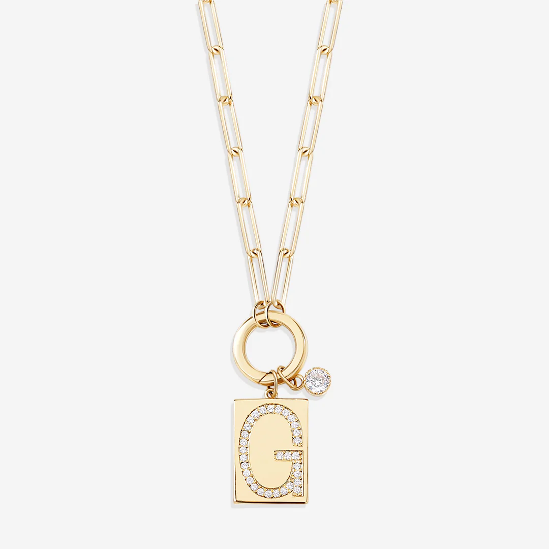 Gold Pave Initial Pendant Necklace with Paperclip Chain
