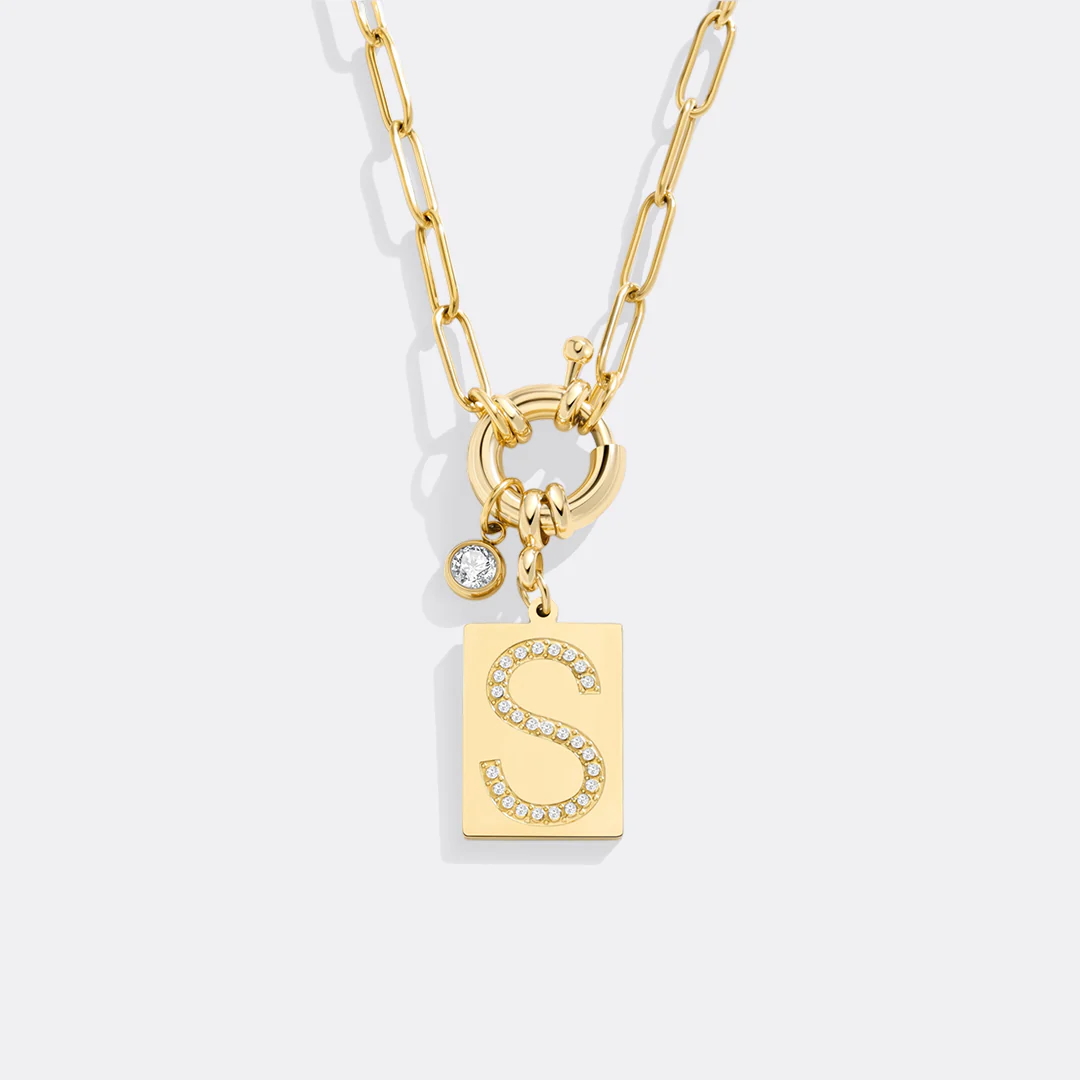 Pave Initial Pendant Necklace with Paperclip Chain