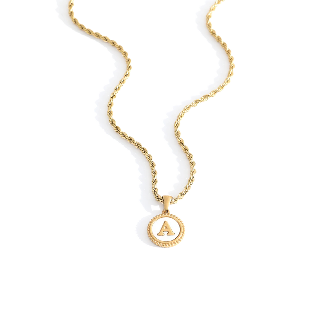 Mother of Pearl Disc Letter Necklace with Rope Chain