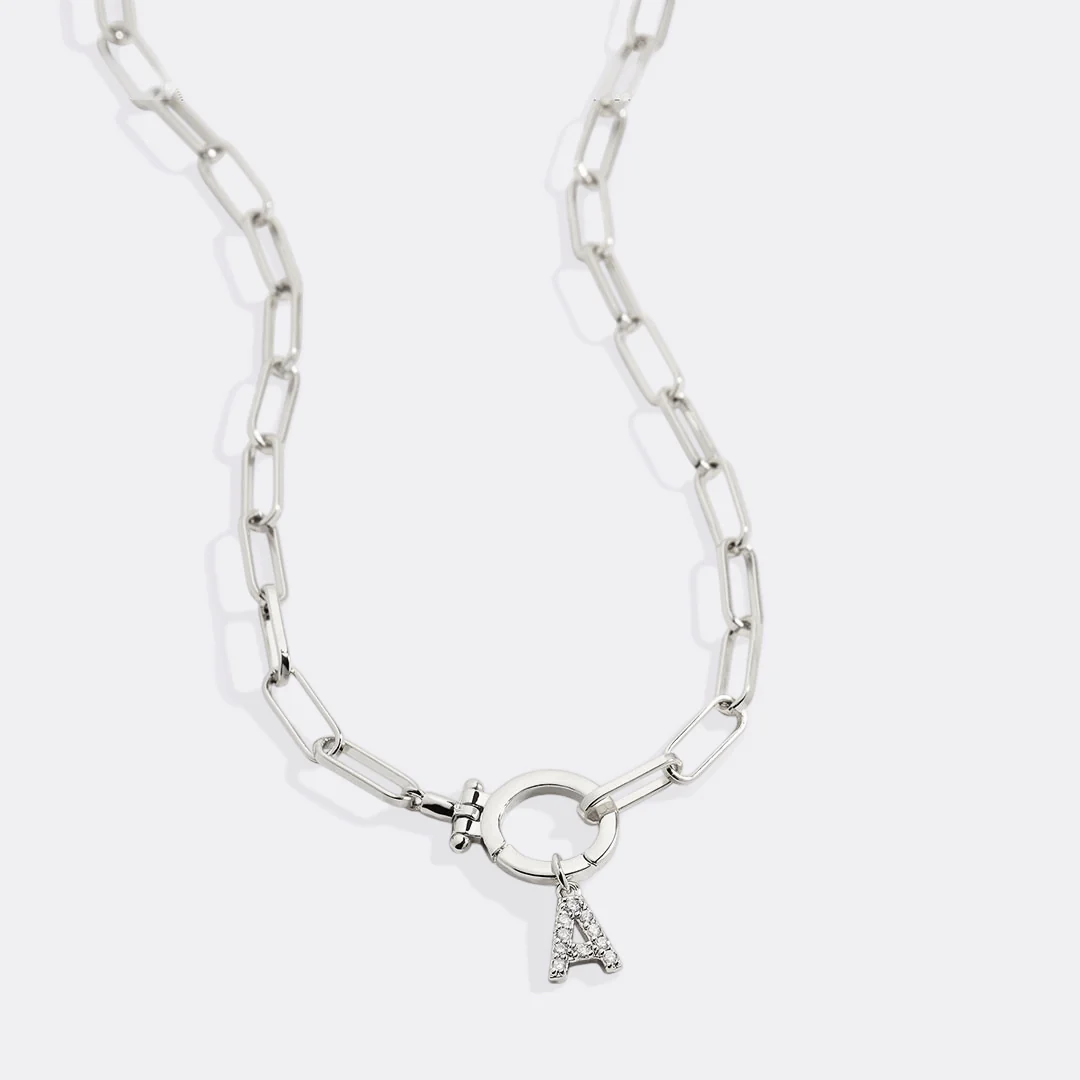 Mint Paperclip Necklace with Pave Initial Charm