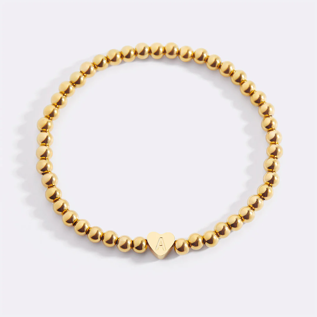 Gold Beaded Bracelet with Heart Initial