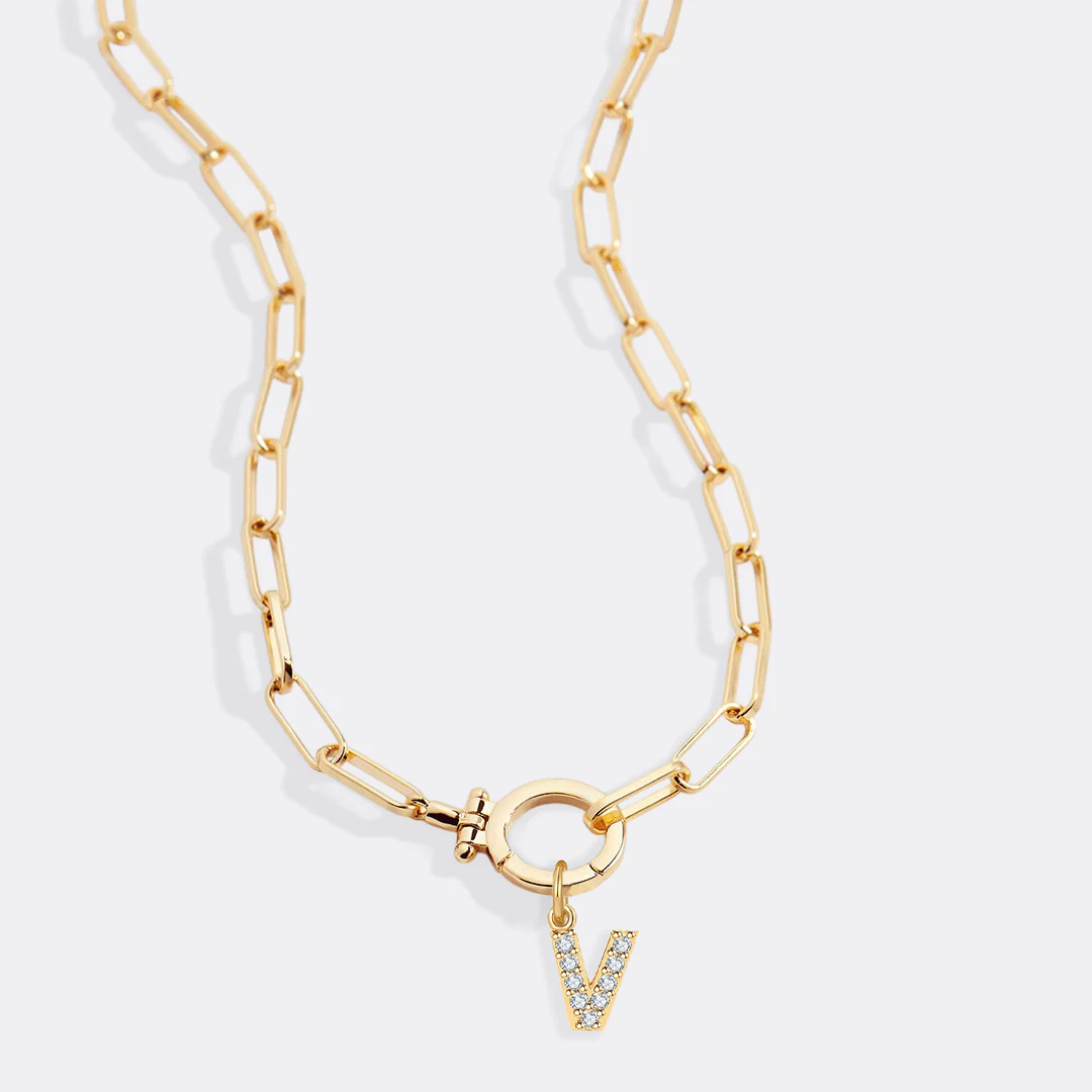 Mint Paperclip Necklace with Pave Initial Charm