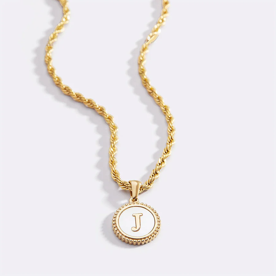 Mother of Pearl Disc Letter Necklace with Rope Chain