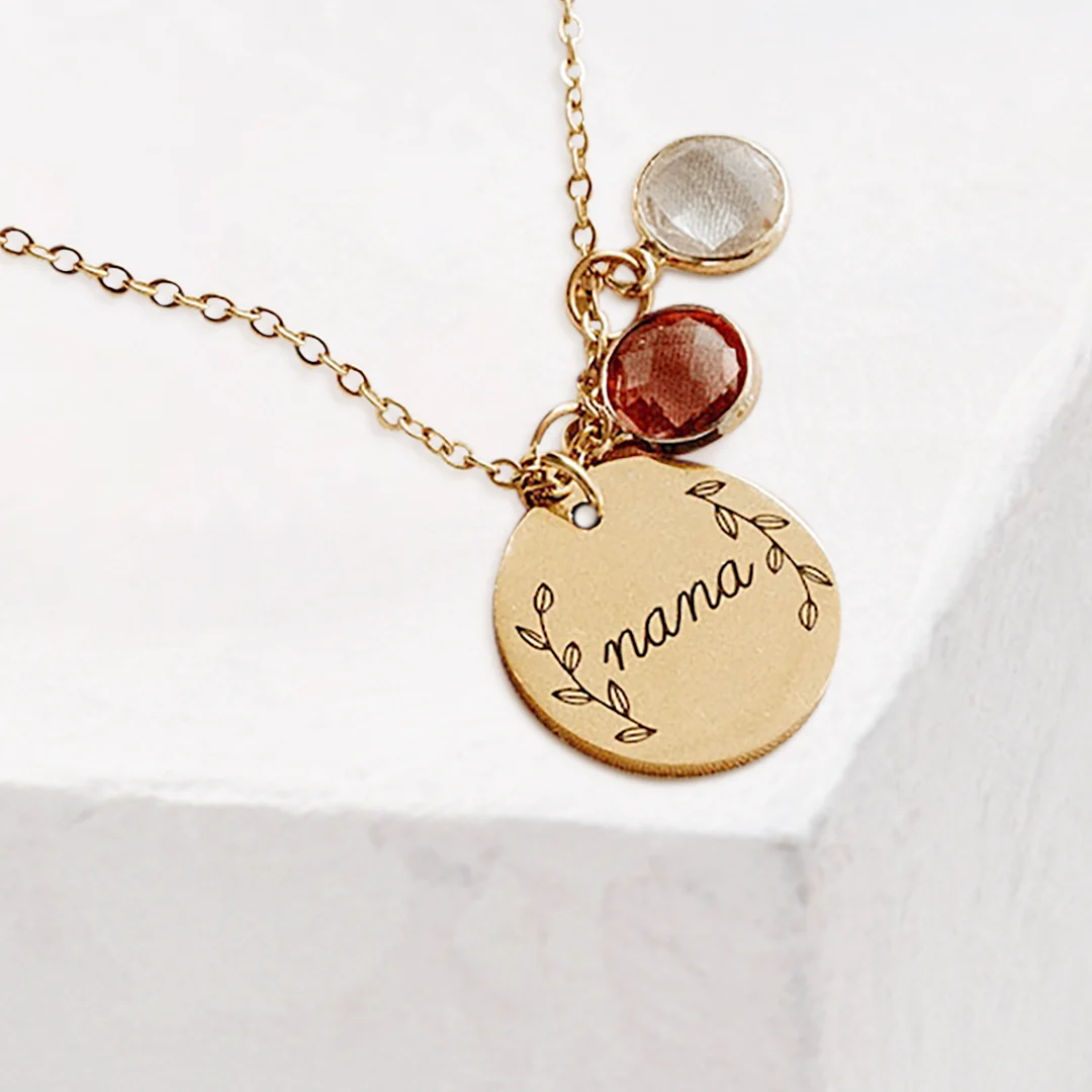 Engraved Birthstone Pendant Necklace with Leaves