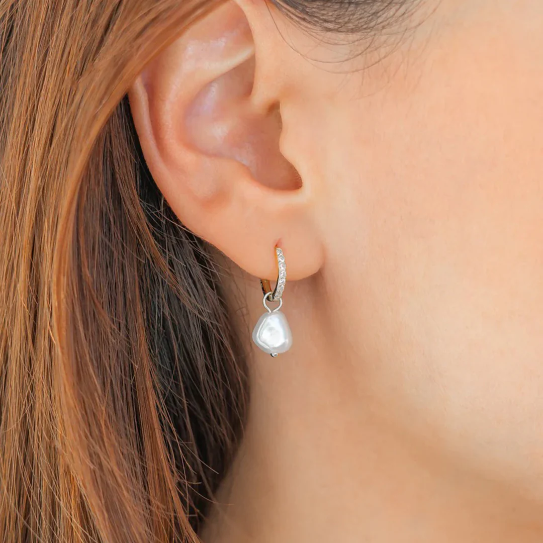 Freshwater Pearl Drop Pave Huggie Earrings