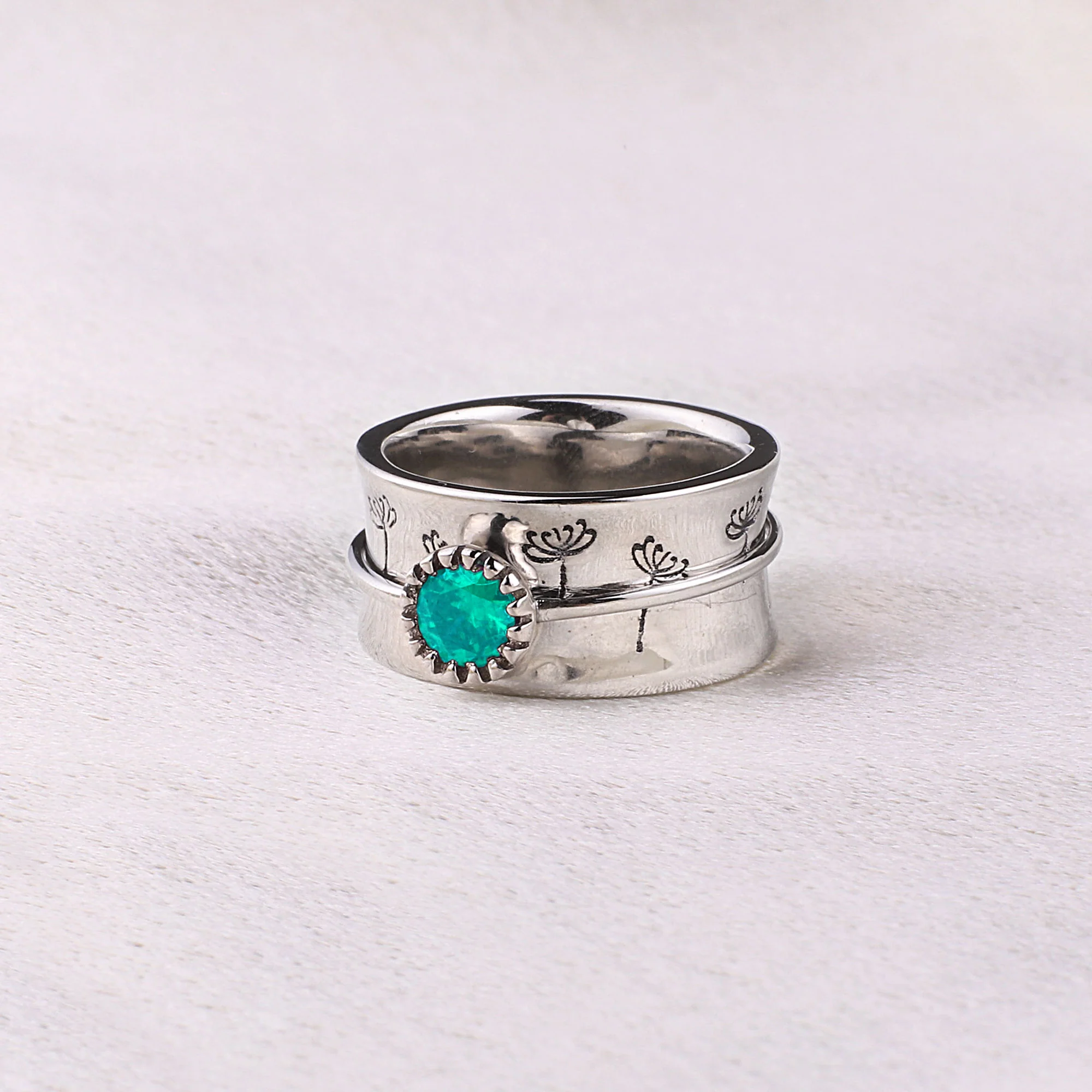 Silver Dandelion Birthstone Spinning Fidget Ring