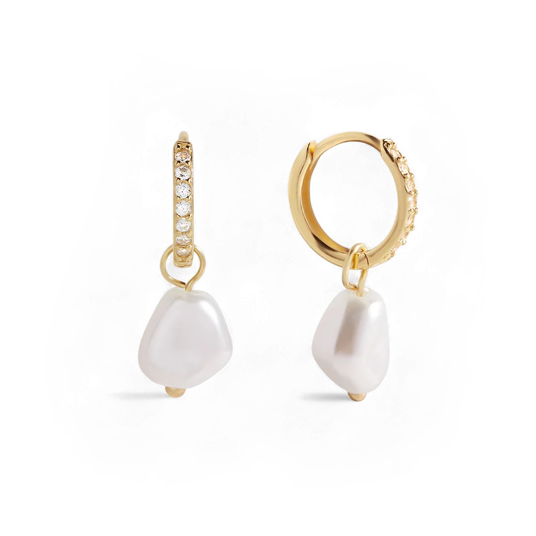 Freshwater Pearl Drop Pave Huggie Earrings