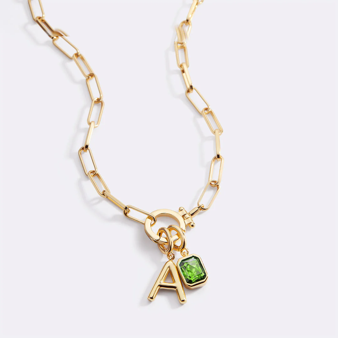 Mint Paperclip Necklace with Initial & Birthstone Charm